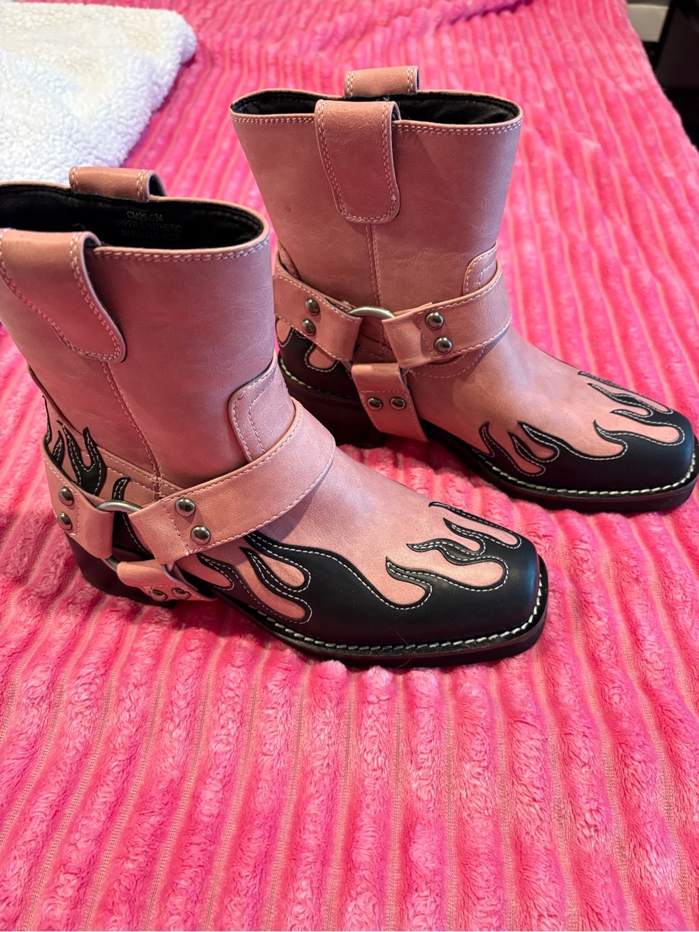 Dolls Kill Pink and Black Flame Harness Moto Boots